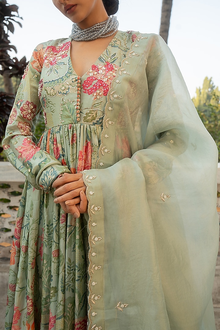 Sage Blue Chinya Silk Embroidered & Floral Printed Party Wear Anarkali Set by Paulmi & Harsh at Pernia's Pop Up Shop