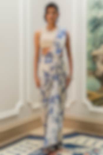 Ivory Georgette Floral Printed Pre-Draped Party Wear Saree Set by Paulmi & Harsh at Pernia's Pop Up Shop