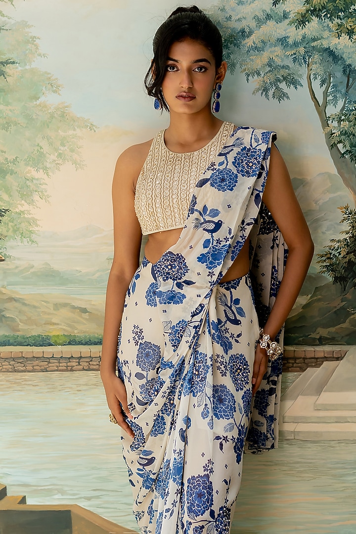 Ivory Georgette Floral Printed Pre-Draped Wedding Saree Set by Paulmi & Harsh at Pernia's Pop Up Shop
