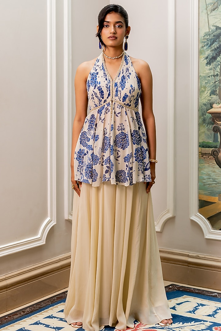 Ivory Georgette Palazzo Set by Paulmi & Harsh at Pernia's Pop Up Shop