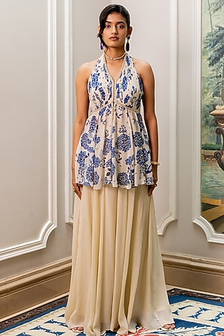 Ivory Georgette Palazzo Set by Paulmi & Harsh