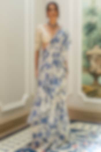 Ivory Georgette Floral Printed Pre-Draped Wedding Saree Set by Paulmi & Harsh at Pernia's Pop Up Shop