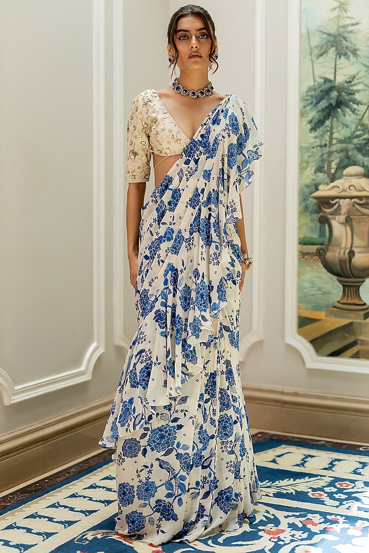 Ivory Georgette Floral Printed Pre-Draped Wedding Saree Set by Paulmi & Harsh at Pernia's Pop Up Shop