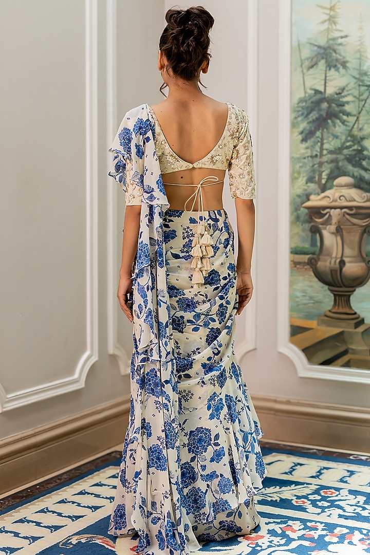 Ivory Georgette Floral Printed Pre-Draped Wedding Saree Set by Paulmi & Harsh at Pernia's Pop Up Shop