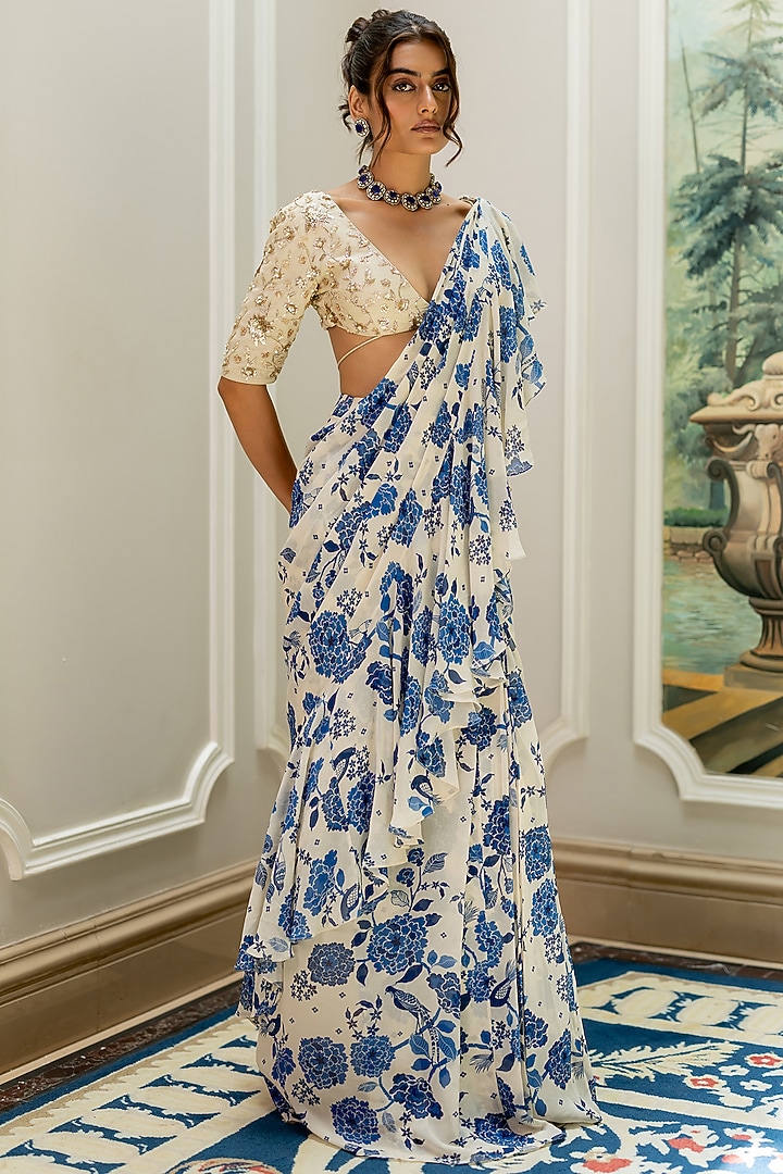 Ivory Georgette Floral Printed Pre-Draped Wedding Saree Set by Paulmi & Harsh at Pernia's Pop Up Shop
