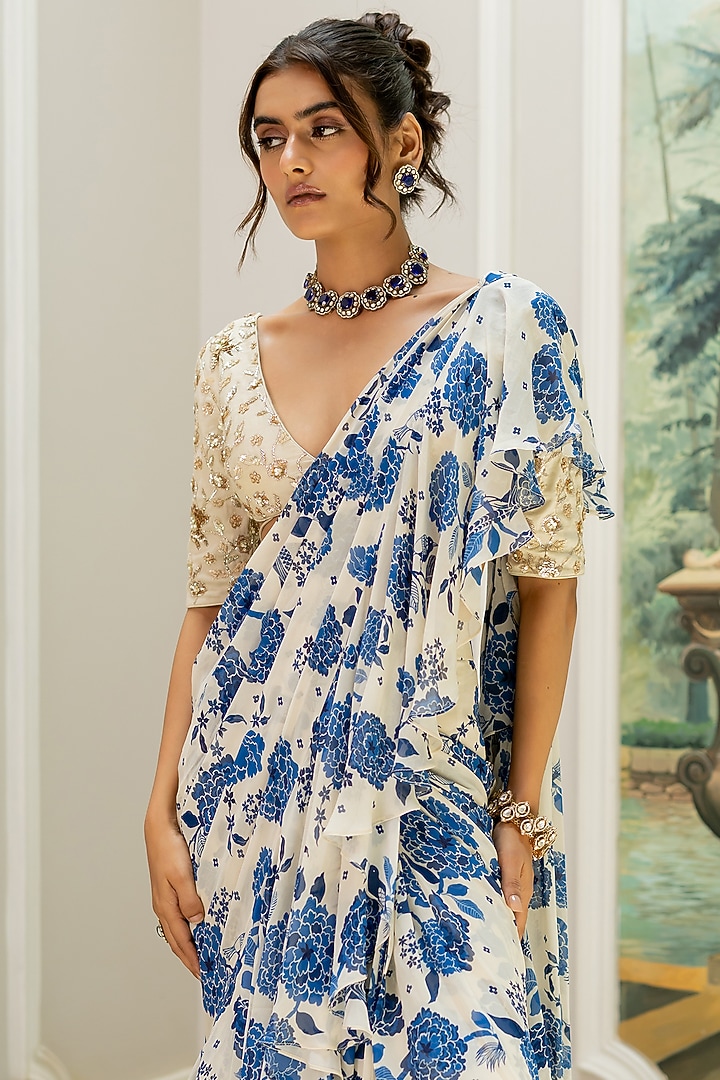 Ivory Georgette Floral Printed Pre-Draped Wedding Saree Set by Paulmi & Harsh at Pernia's Pop Up Shop