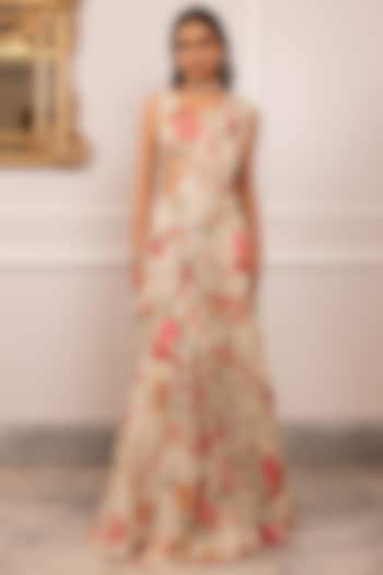 Off-White Georgette Floral Printed Pre-Draped Wedding Saree Set by Paulmi & Harsh at Pernia's Pop Up Shop