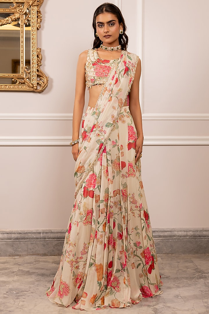 Off-White Georgette Floral Printed Pre-Draped Wedding Saree Set by Paulmi & Harsh at Pernia's Pop Up Shop