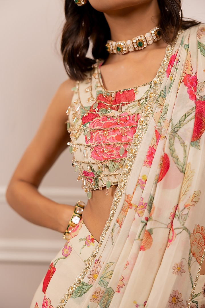 Off-White Georgette Floral Printed Pre-Draped Wedding Saree Set by Paulmi & Harsh at Pernia's Pop Up Shop