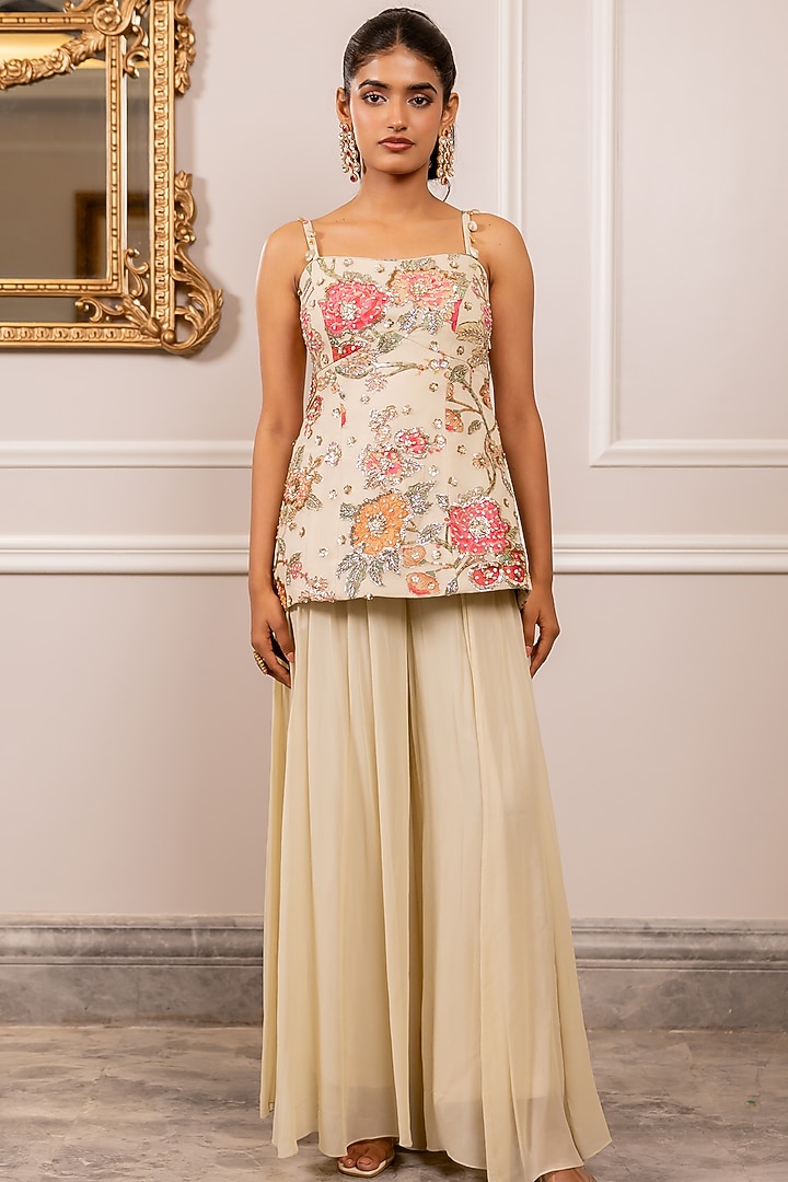 Off-White Georgette Floral Printed Corset-Style Kurta Set by Paulmi & Harsh at Pernia's Pop Up Shop