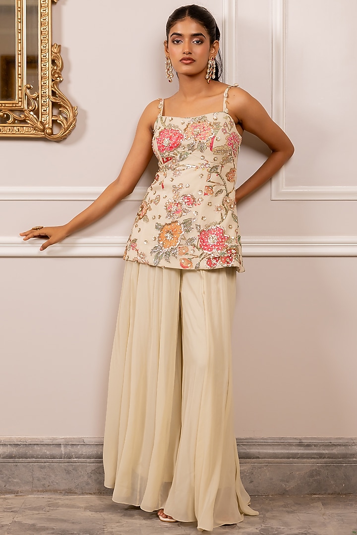 Off-White Georgette Floral Printed Corset-Style Kurta Set by Paulmi & Harsh at Pernia's Pop Up Shop
