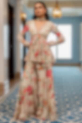 Off-White Georgette Floral Printed Party Wear Sharara Set by Paulmi & Harsh at Pernia's Pop Up Shop
