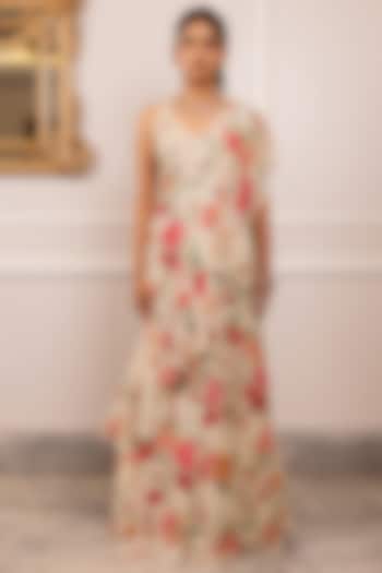 Off-White Georgette Floral Printed Ruffled Party Wear Saree Set by Paulmi & Harsh at Pernia's Pop Up Shop