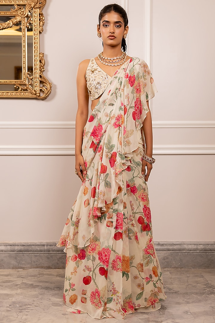 Off-White Georgette Floral Printed Ruffled Party Wear Saree Set by Paulmi & Harsh at Pernia's Pop Up Shop