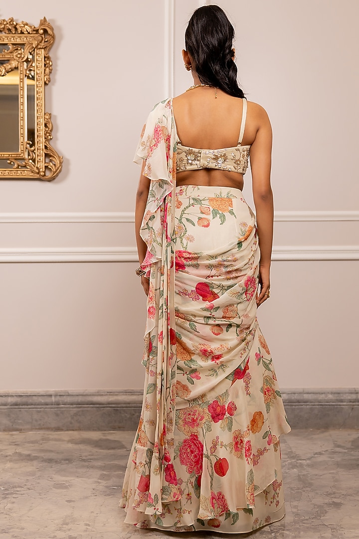 Off-White Georgette Floral Printed Ruffled Wedding Saree Set by Paulmi & Harsh at Pernia's Pop Up Shop