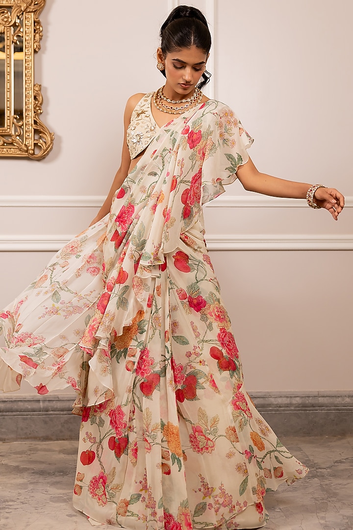 Off-White Georgette Floral Printed Ruffled Wedding Saree Set by Paulmi & Harsh at Pernia's Pop Up Shop