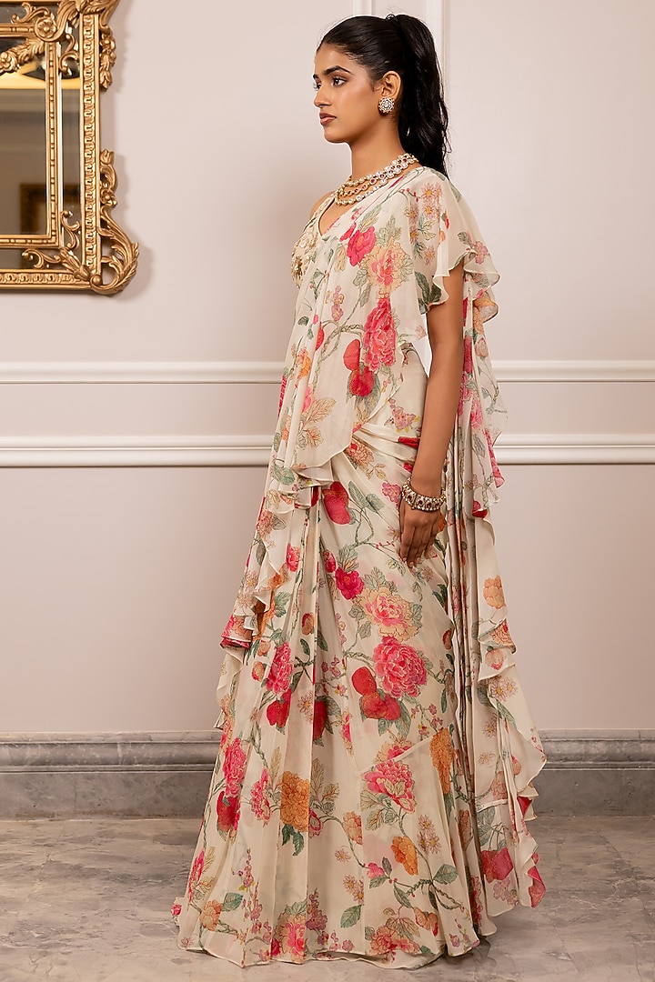 Off-White Georgette Floral Printed Ruffled Wedding Saree Set by Paulmi & Harsh at Pernia's Pop Up Shop
