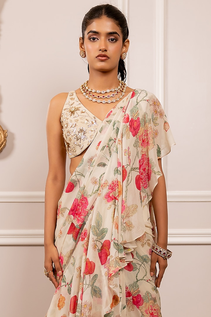 Off-White Georgette Floral Printed Ruffled Wedding Saree Set by Paulmi & Harsh at Pernia's Pop Up Shop