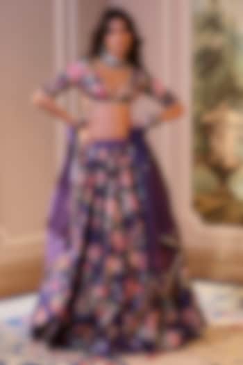 Purple Chiniya Silk Floral Motif Hand Embroidered Wedding Lehenga Set by Paulmi & Harsh at Pernia's Pop Up Shop