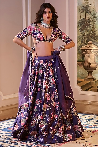 Purple Chiniya Silk Floral Motif Hand Embroidered Lehenga Set by Paulmi & Harsh