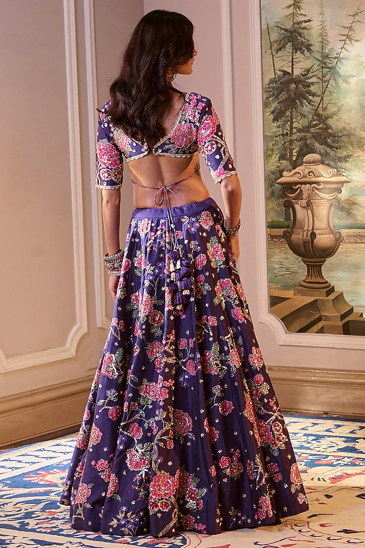 Purple Chiniya Silk Floral Motif Hand Embroidered Wedding Lehenga Set by Paulmi & Harsh at Pernia's Pop Up Shop
