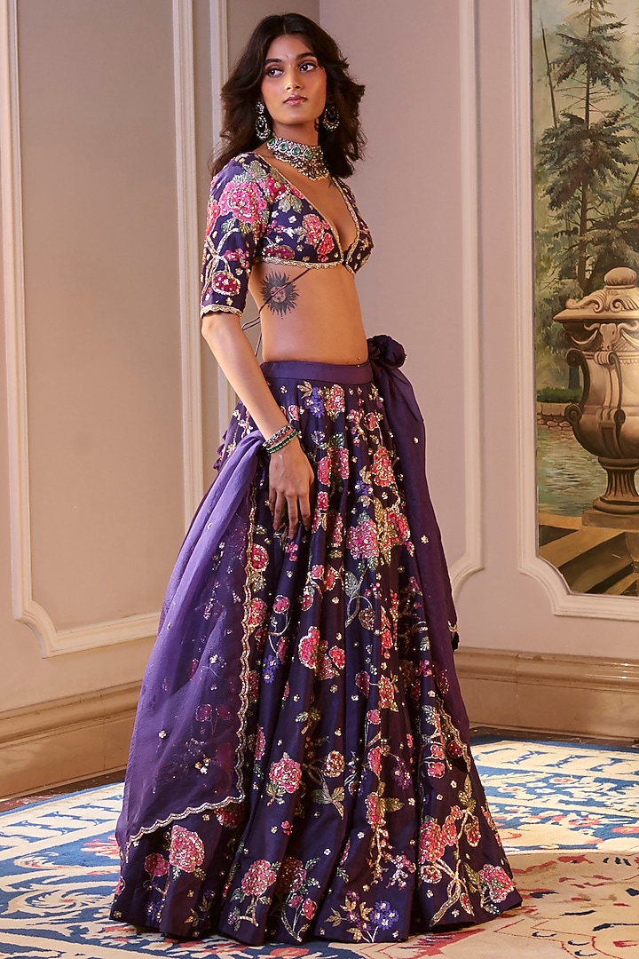 Purple Chiniya Silk Floral Motif Hand Embroidered Wedding Lehenga Set by Paulmi & Harsh at Pernia's Pop Up Shop