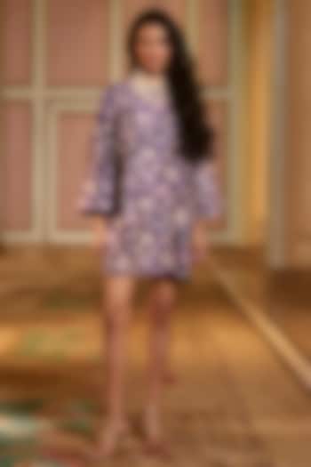 Purple Chiniya Silk Floral Hand Embroidered Mini Vacation Dress by Paulmi & Harsh at Pernia's Pop Up Shop