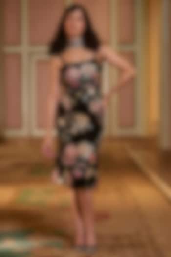 Black Velvet Floral Hand Embroidered Midi Cocktail Dress by Paulmi & Harsh at Pernia's Pop Up Shop