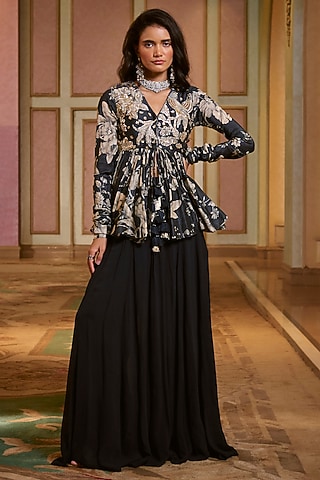 Navy Blue Georgette Palazzo Pant Set by Paulmi & Harsh