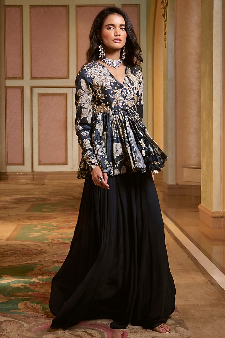 Navy Blue Georgette Palazzo Pant Set by Paulmi & Harsh at Pernia's Pop Up Shop