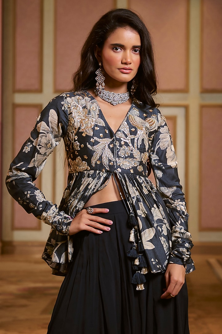 Navy Blue Georgette Palazzo Pant Set by Paulmi & Harsh at Pernia's Pop Up Shop