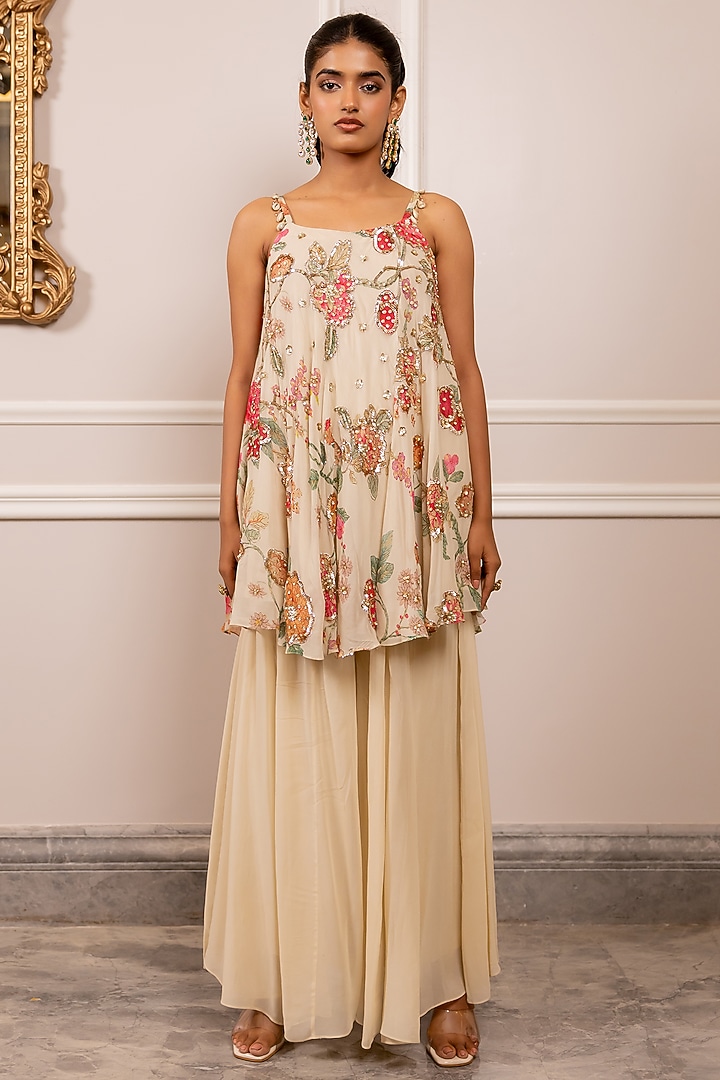 Off-White Georgette Palazzo Set by Paulmi & Harsh at Pernia's Pop Up Shop