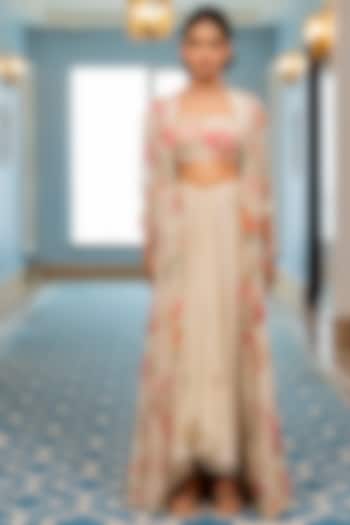 Off-White Georgette Floral Printed Jacket Set by Paulmi & Harsh at Pernia's Pop Up Shop