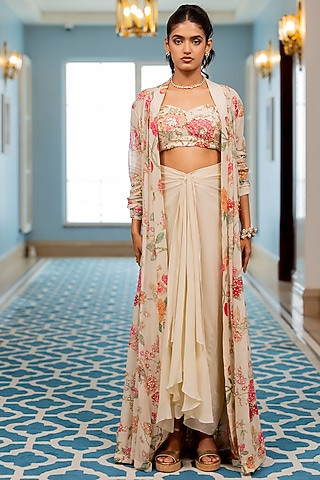 Off-White Georgette Floral Printed Jacket Set by Paulmi & Harsh