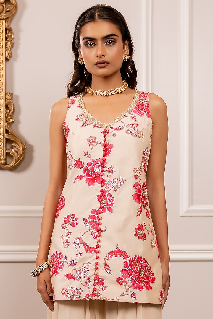 Off-White Chiniya Silk Floral Printed Kurta Set by Paulmi & Harsh at Pernia's Pop Up Shop
