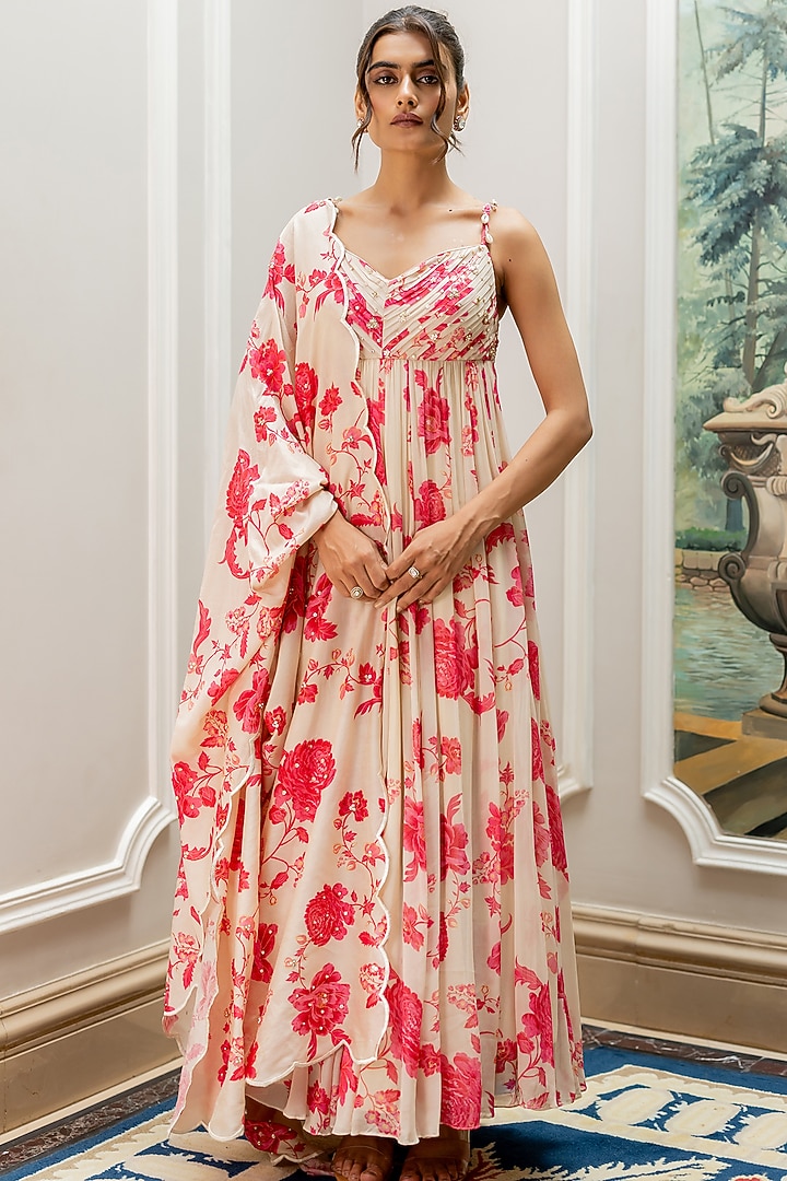 Off-White Georgette Floral Printed Party Wear Anarkali Set by Paulmi & Harsh at Pernia's Pop Up Shop