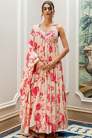 Off-White Georgette Floral Printed Anarkali Set by Paulmi & Harsh