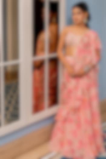 Pink Georgette Floral Printed Ruffled Layered Wedding Saree Set by Paulmi & Harsh at Pernia's Pop Up Shop