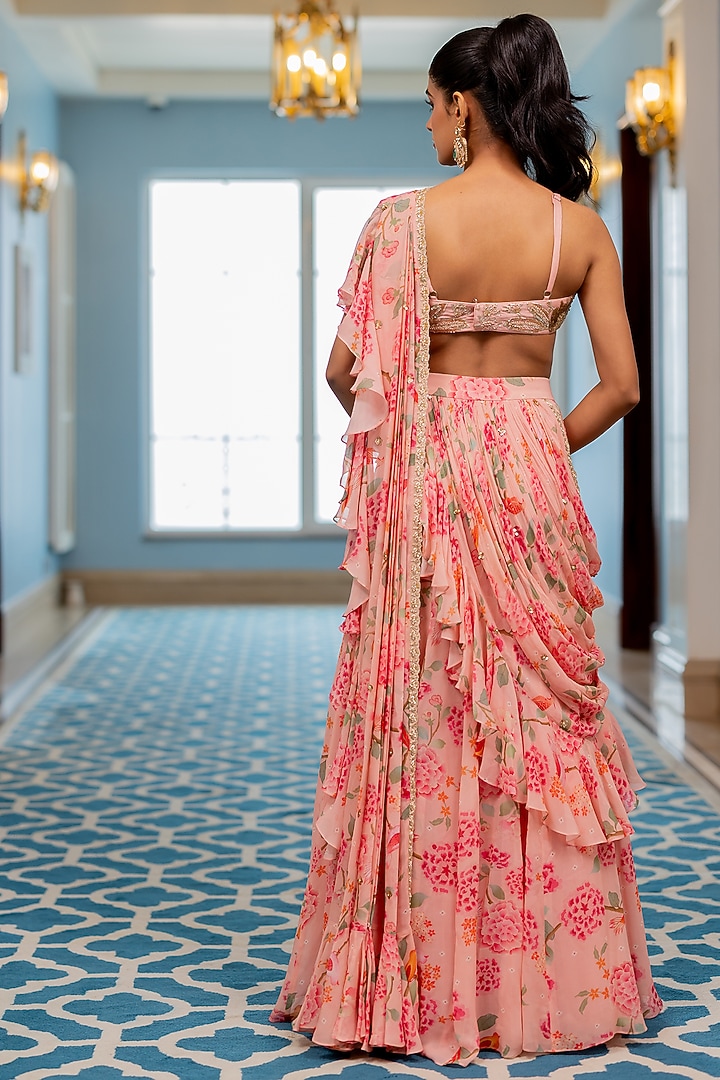 Pink Georgette Floral Printed Ruffled Layered Wedding Saree Set by Paulmi & Harsh at Pernia's Pop Up Shop
