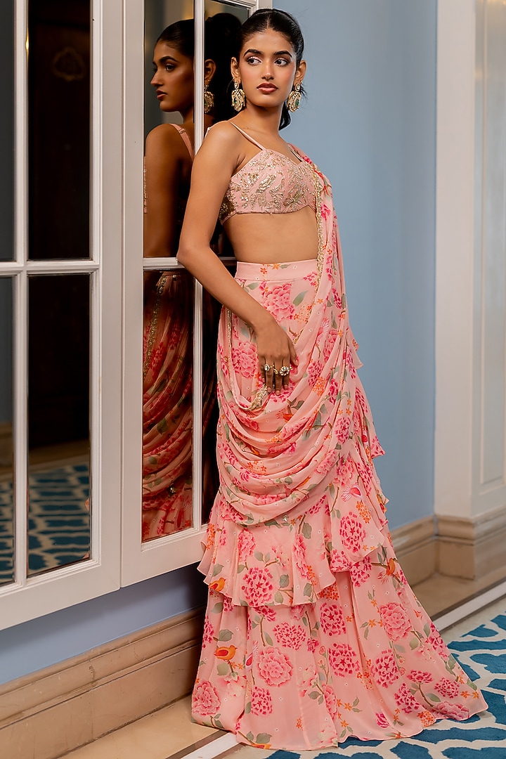 Pink Georgette Floral Printed Ruffled Layered Wedding Saree Set by Paulmi & Harsh at Pernia's Pop Up Shop