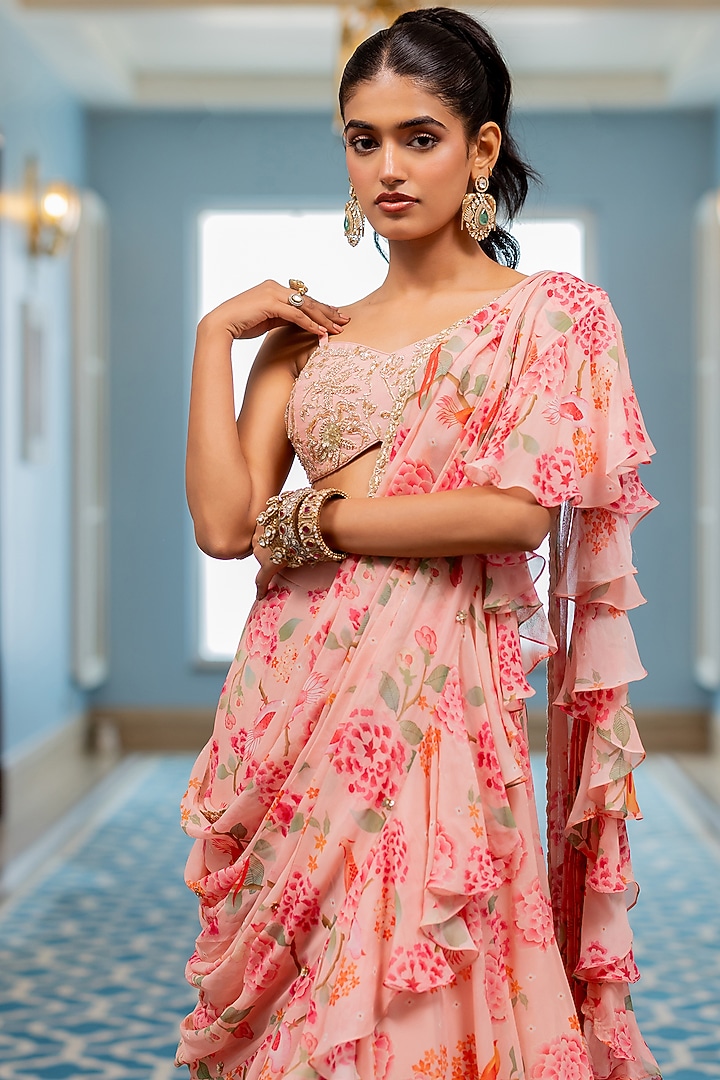 Pink Georgette Floral Printed Ruffled Layered Wedding Saree Set by Paulmi & Harsh at Pernia's Pop Up Shop