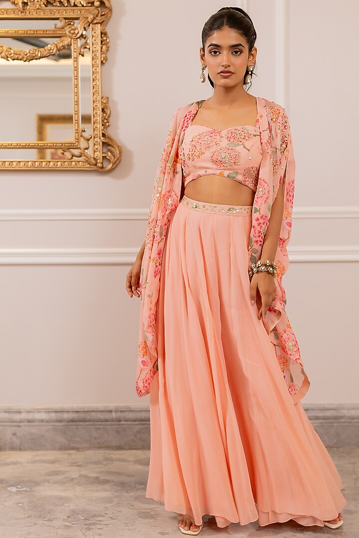 Pink Georgette Floral Printed Jacket Set by Paulmi & Harsh at Pernia's Pop Up Shop