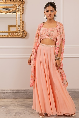 Pink Georgette Floral Printed Jacket Set by Paulmi & Harsh