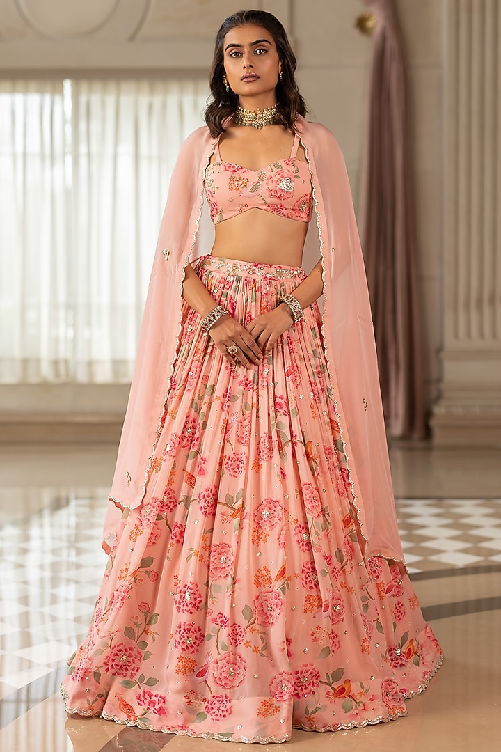 Pink Georgette Floral Printed Wedding Lehenga Set by Paulmi & Harsh at Pernia's Pop Up Shop