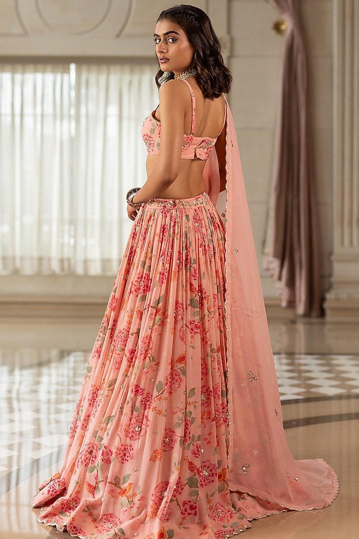 Pink Georgette Floral Printed Wedding Lehenga Set by Paulmi & Harsh at Pernia's Pop Up Shop