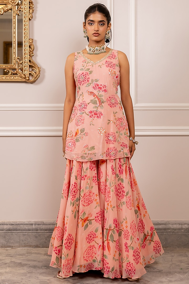 Pink Georgette Floral Printed Party Wear Sharara Set by Paulmi & Harsh at Pernia's Pop Up Shop