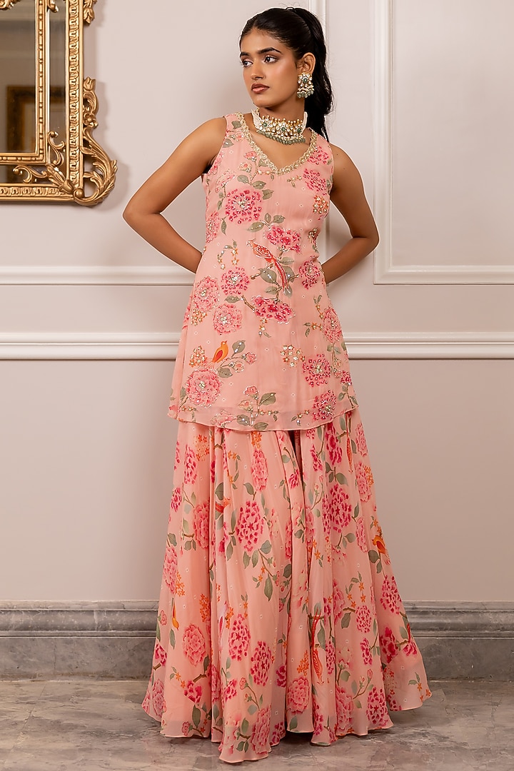 Pink Georgette Floral Printed Party Wear Sharara Set by Paulmi & Harsh at Pernia's Pop Up Shop