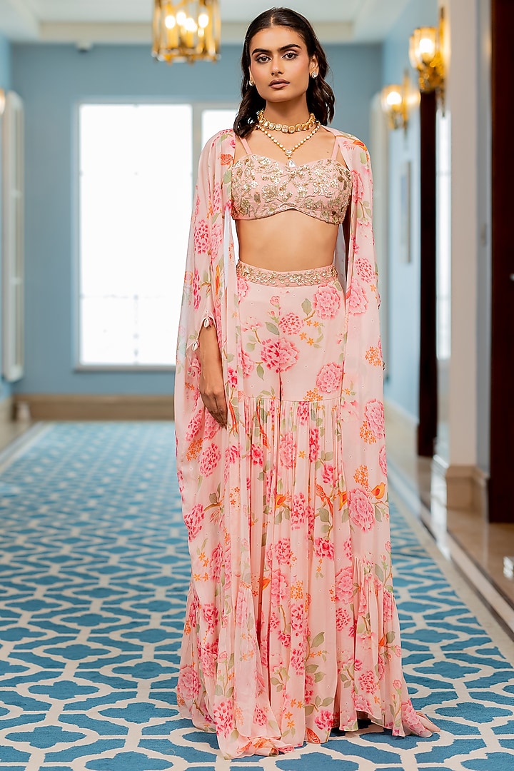 Pink Georgette Floral Printed Jacket Set by Paulmi & Harsh at Pernia's Pop Up Shop