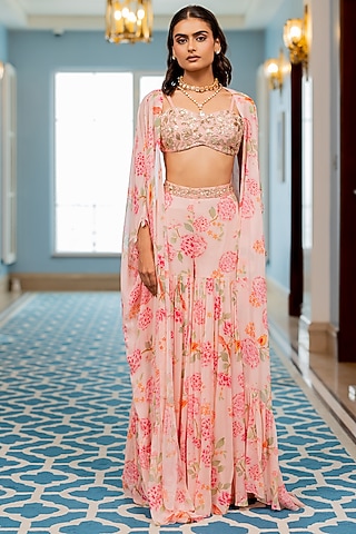 Pink Georgette Floral Printed Jacket Set by Paulmi & Harsh
