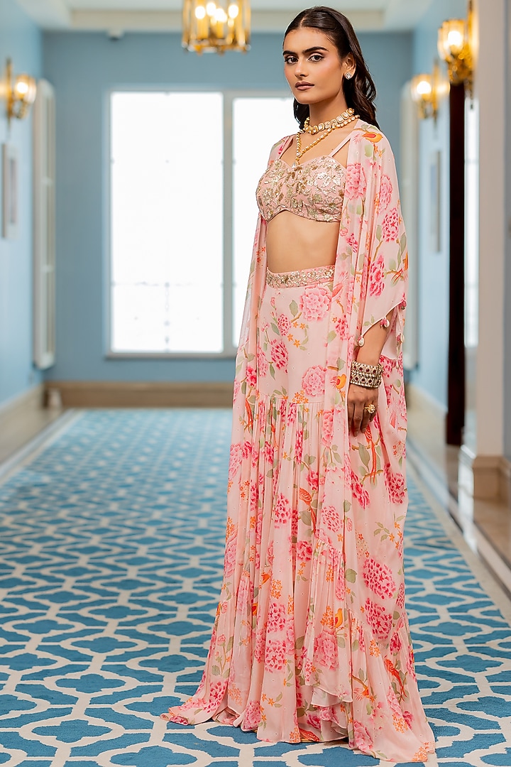 Pink Georgette Floral Printed Jacket Set by Paulmi & Harsh at Pernia's Pop Up Shop